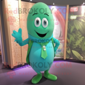 Teal Green Bean mascot costume character dressed with a Waistcoat and Keychains