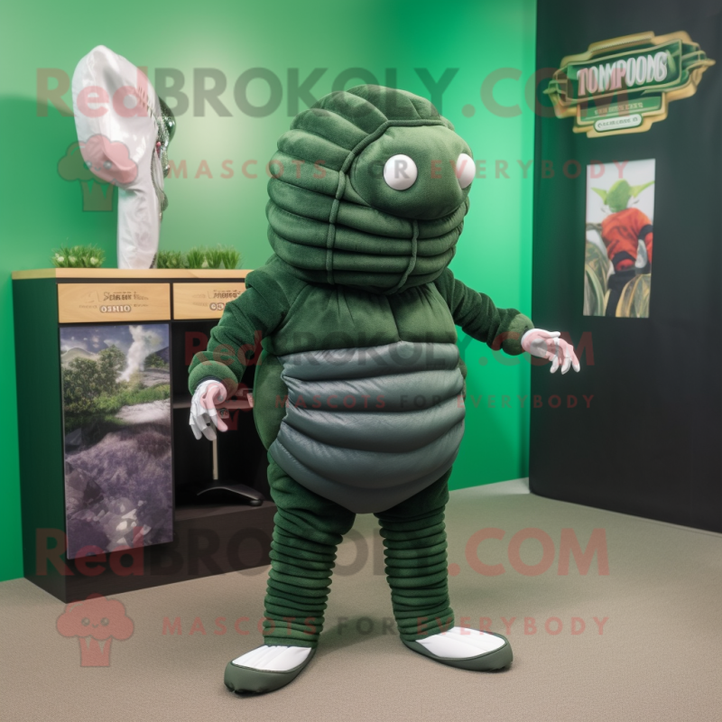 Forest Green Trilobite mascot costume character dressed with a Chinos and Tie pins