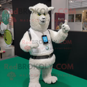 White Alpaca mascot costume character dressed with a V-Neck Tee and Smartwatches
