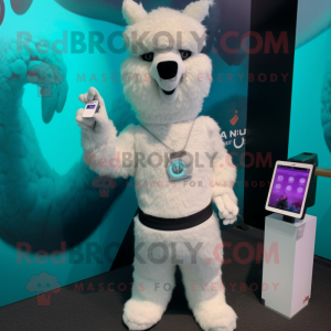 White Alpaca mascot costume character dressed with a V-Neck Tee and Smartwatches