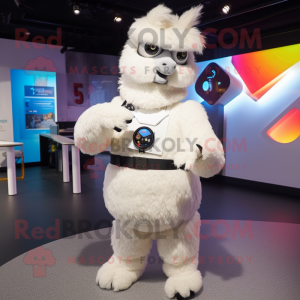 White Alpaca mascot costume character dressed with a V-Neck Tee and Smartwatches