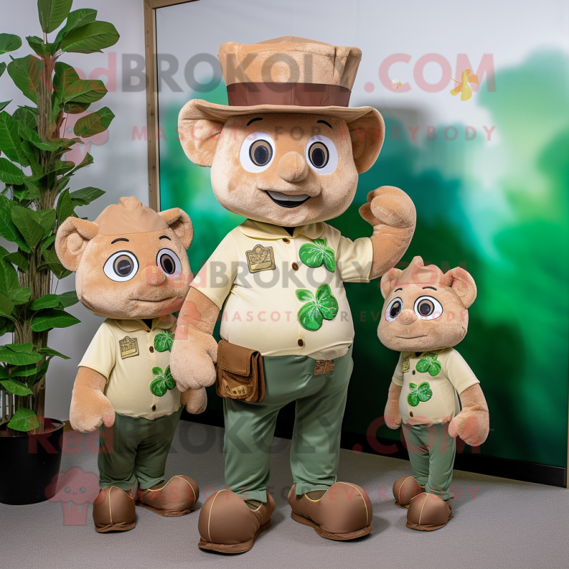 Tan Bunch Of Shamrocks mascot costume character dressed with a Chambray Shirt and Coin purses Tan Bunch Of Shamrocks mascot costume character dressed with a Chambray Shirt and Coin purses