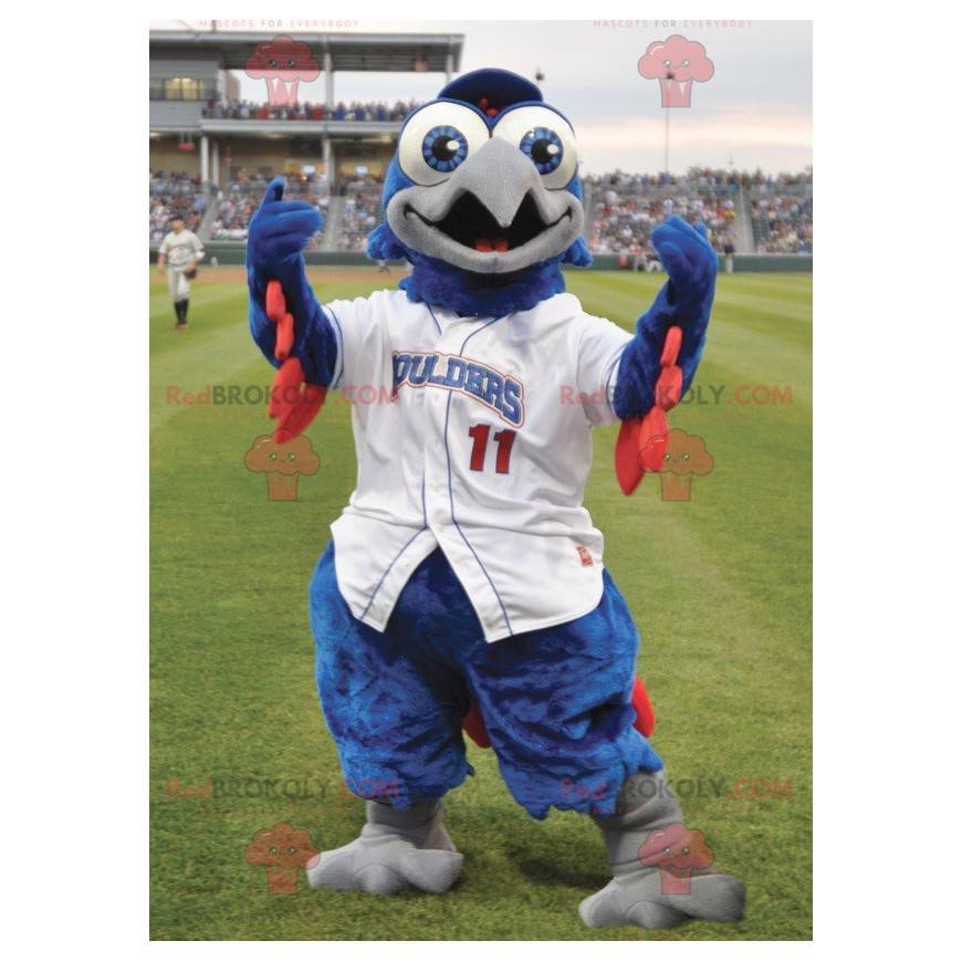 Blue and red bird mascot in white outfit - Redbrokoly.com