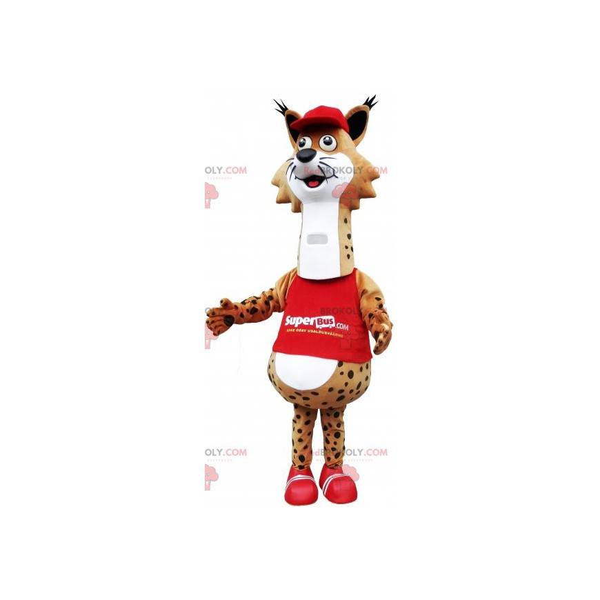 Bruin en wit gevlekte lynx mascotte, gekleed in het rood -