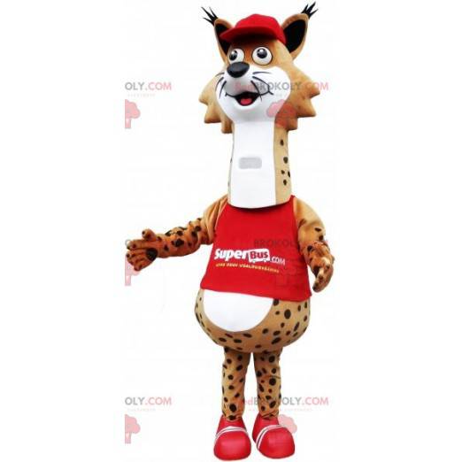 Mascot brown and white spotted lynx dressed in red -