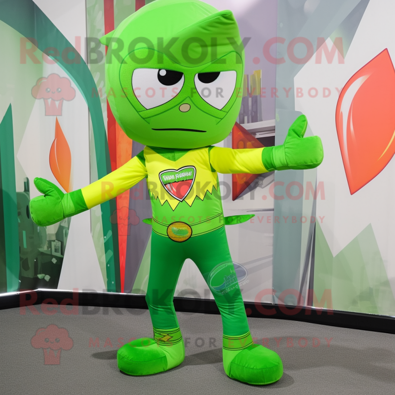 Lime Green Arrow Of Love mascot costume character dressed with a Capri Pants and Bracelet watches