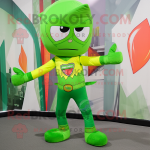 Lime Green Arrow Of Love mascot costume character dressed with a Capri Pants and Bracelet watches