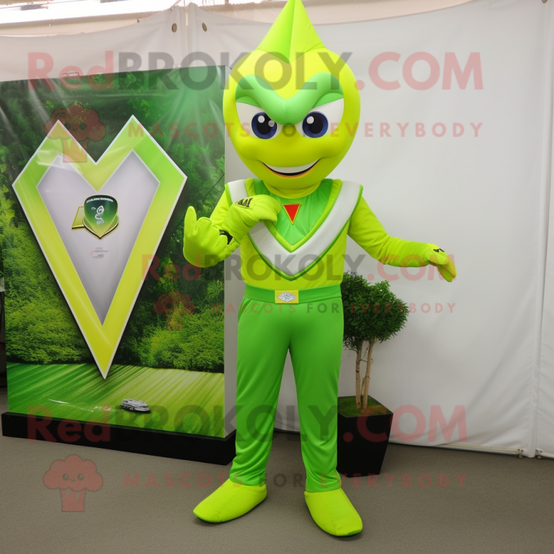 Lime Green Arrow Of Love mascot costume character dressed with a Capri Pants and Bracelet watches