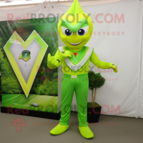 Lime Green Arrow Of Love mascot costume character dressed with a Capri Pants and Bracelet watches