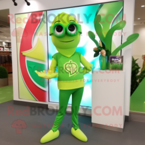 Lime Green Arrow Of Love mascot costume character dressed with a Capri Pants and Bracelet watches