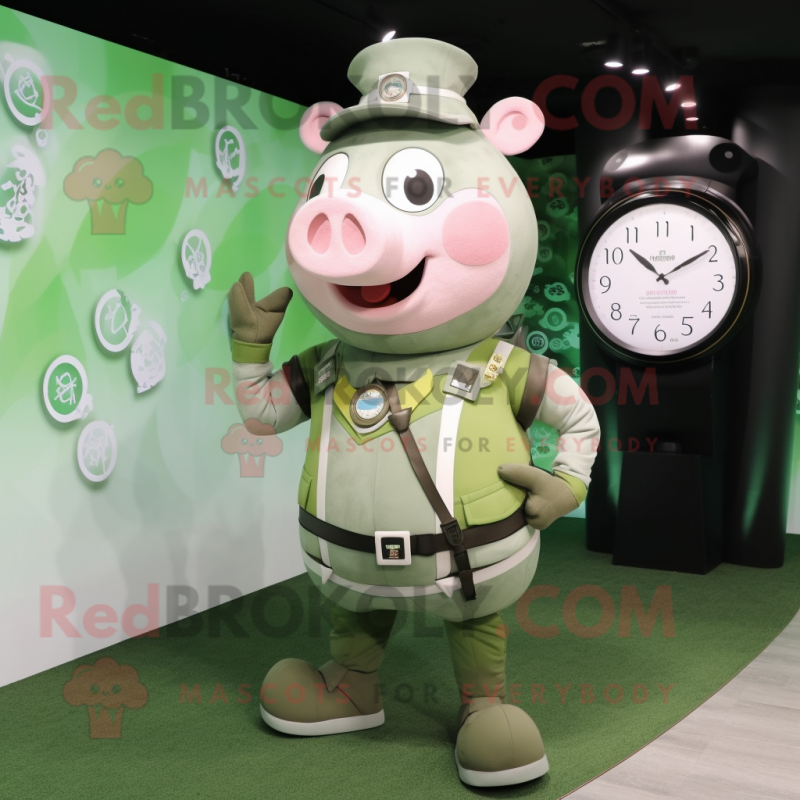 Olive Pig mascot costume character dressed with a Dress and Smartwatches