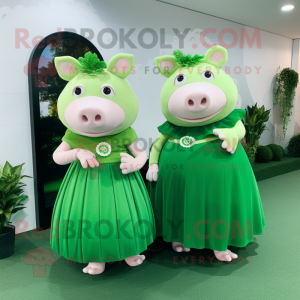 Olive Pig mascot costume character dressed with a Dress and Smartwatches