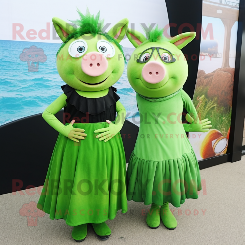 Olive Pig mascot costume character dressed with a Dress and Smartwatches