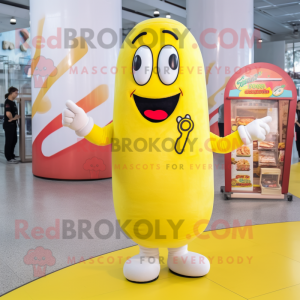 Lemon Yellow Hot Dog mascot costume character dressed with a Leggings and Brooches
