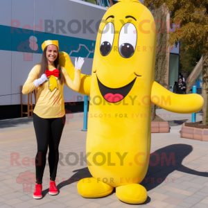 Lemon Yellow Hot Dog mascot costume character dressed with a Leggings and Brooches