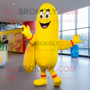 Lemon Yellow Hot Dog mascot costume character dressed with a Leggings and Brooches