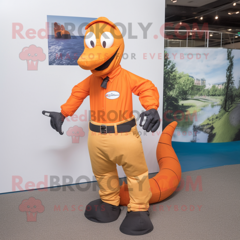 Orange Loch Ness Monster mascot costume character dressed with a Poplin Shirt and Suspenders