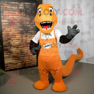 Orange Loch Ness Monster mascot costume character dressed with a Poplin Shirt and Suspenders