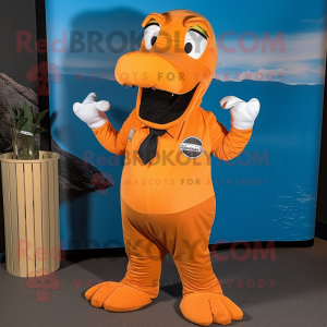 Orange Loch Ness Monster mascot costume character dressed with a Poplin Shirt and Suspenders