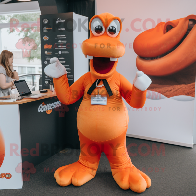 Orange Loch Ness Monster mascot costume character dressed with a Poplin Shirt and Suspenders