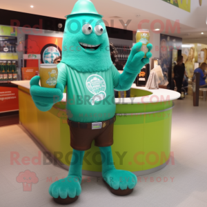 Turquoise Green Beer mascot costume character dressed with a T-Shirt and Tote bags