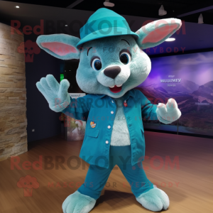 Teal Wild Rabbit mascot costume character dressed with a Capri Pants and Hat pins