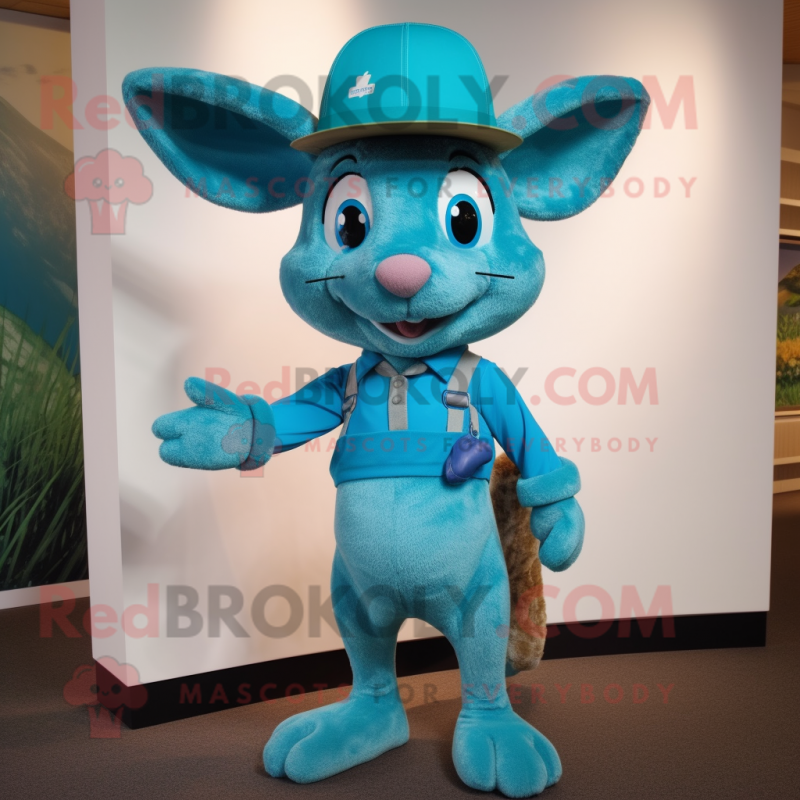 Teal Wild Rabbit mascot costume character dressed with a Capri Pants and Hat pins