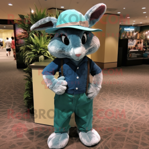 Teal Wild Rabbit mascot costume character dressed with a Capri Pants and Hat pins