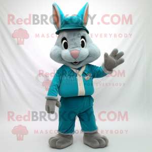 Teal Wild Rabbit mascot costume character dressed with a Capri Pants and Hat pins