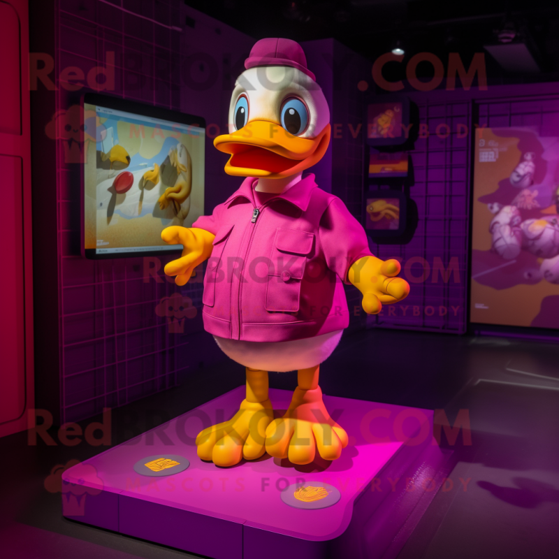 Magenta Duck mascot costume character dressed with a Polo Shirt and Foot pads Magenta Duck mascot costume character dressed with a Polo Shirt and Foot pads