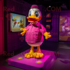 Magenta Duck mascot costume character dressed with a Polo Shirt and Foot pads