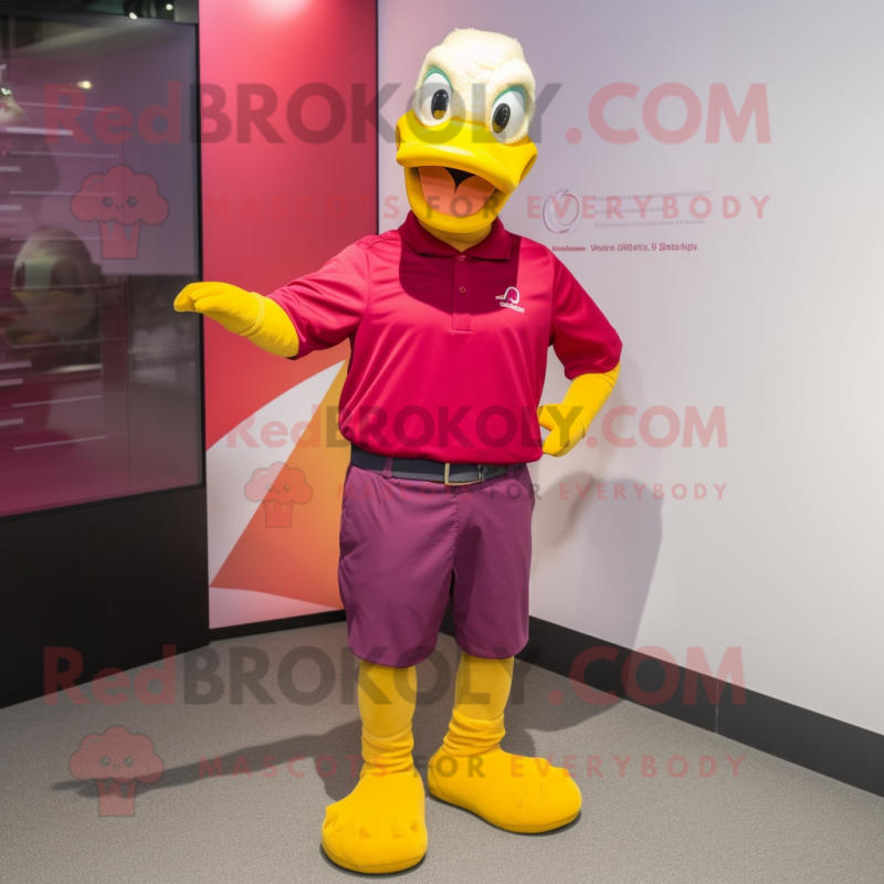 Magenta Duck mascot costume character dressed with a Polo Shirt and Foot pads