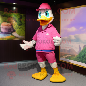 Magenta Duck mascot costume character dressed with a Polo Shirt and Foot pads