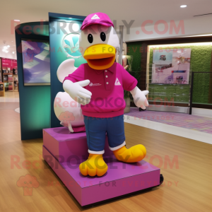 Magenta Duck mascot costume character dressed with a Polo Shirt and Foot pads