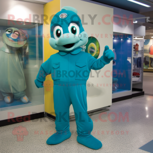 Teal But mascot costume character dressed with a Jumpsuit and Keychains