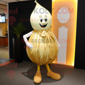 Gold Onion mascot costume character dressed with a Mini Skirt and Pocket squares