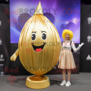 Gold Onion mascot costume character dressed with a Mini Skirt and Pocket squares