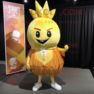 Gold Onion mascot costume character dressed with a Mini Skirt and Pocket squares