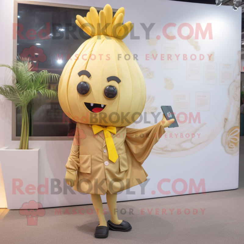 Gold Onion mascot costume character dressed with a Mini Skirt and Pocket squares