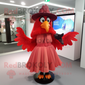 Red Harpy mascot costume character dressed with a Maxi Skirt and Hats