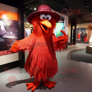 Red Harpy mascot costume character dressed with a Maxi Skirt and Hats