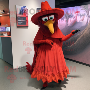 Red Harpy mascot costume character dressed with a Maxi Skirt and Hats