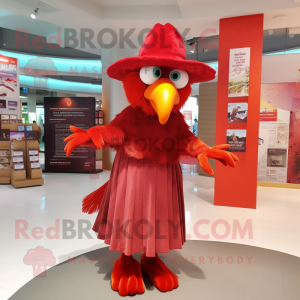 Red Harpy mascot costume character dressed with a Maxi Skirt and Hats