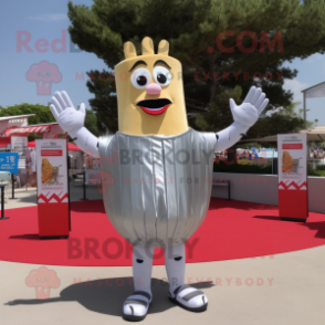 Silver French Fries mascot costume character dressed with a Bikini and Gloves