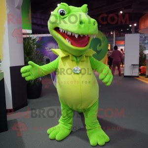 Lime Green Tyrannosaurus mascot costume character dressed with a Jumpsuit and Scarf clips