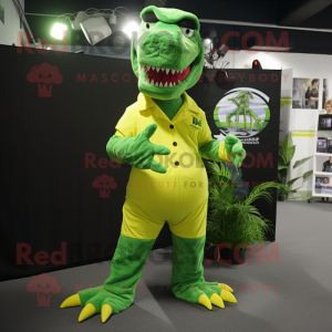 Lime Green Tyrannosaurus mascot costume character dressed with a Jumpsuit and Scarf clips