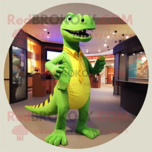 Lime Green Tyrannosaurus mascot costume character dressed with a Jumpsuit and Scarf clips