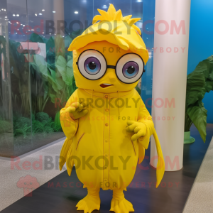 Yellow Betta Fish mascot costume character dressed with a Raincoat and Eyeglasses