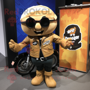 Tan Squash mascot costume character dressed with a Biker Jacket and Wallets
