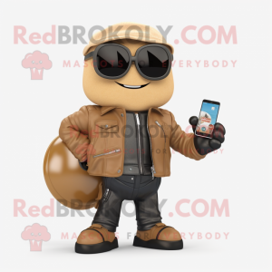 Tan Squash mascot costume character dressed with a Biker Jacket and Wallets